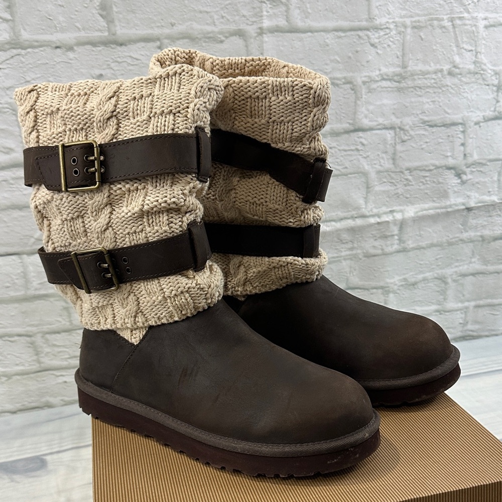UGG Cassidee Tall Cable Knit Buckle Boots - Dark Brown and Cream